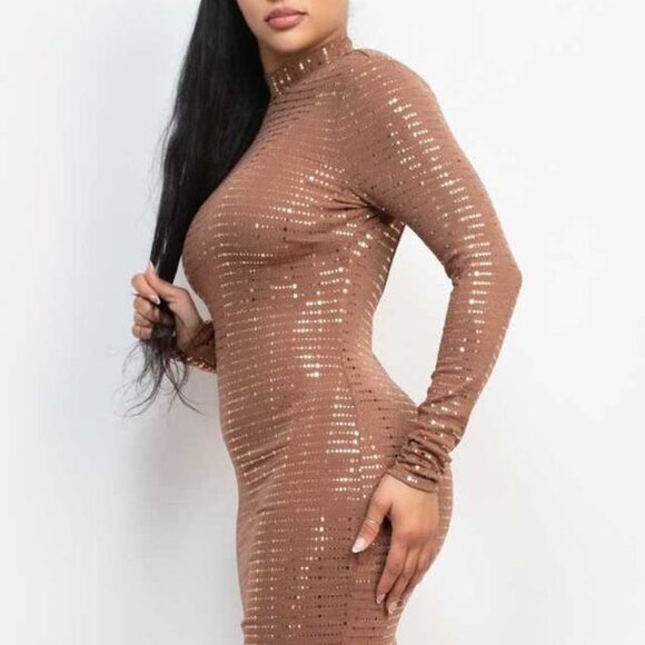 Women's Open-Back Sequin Slinky Bodycon Dress - Brown - Picture 3 of 4